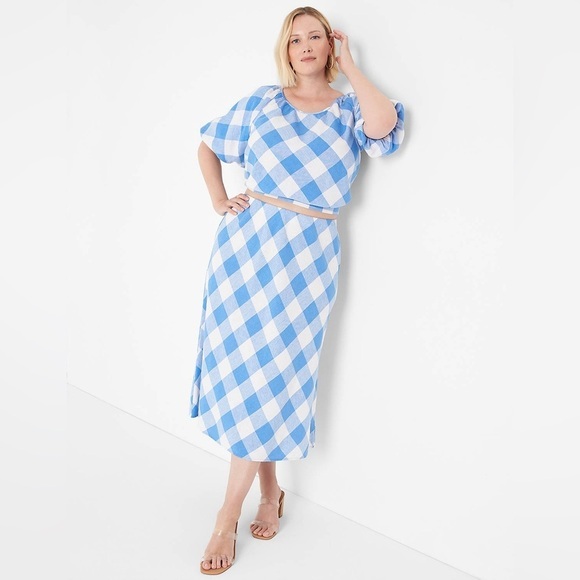 LANE BRYANT Crop Balloon-Sleeve Top & midi skirt set LINEN Lattice Check SIZE 22 - Picture 1 of 15